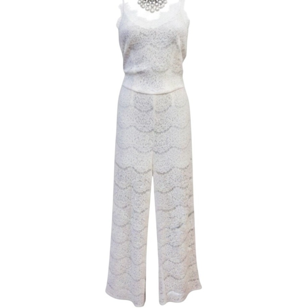 Monteau Los Angeles White Floral Lace Wide Leg Jumpsuit Bridal Bachelorette Boho